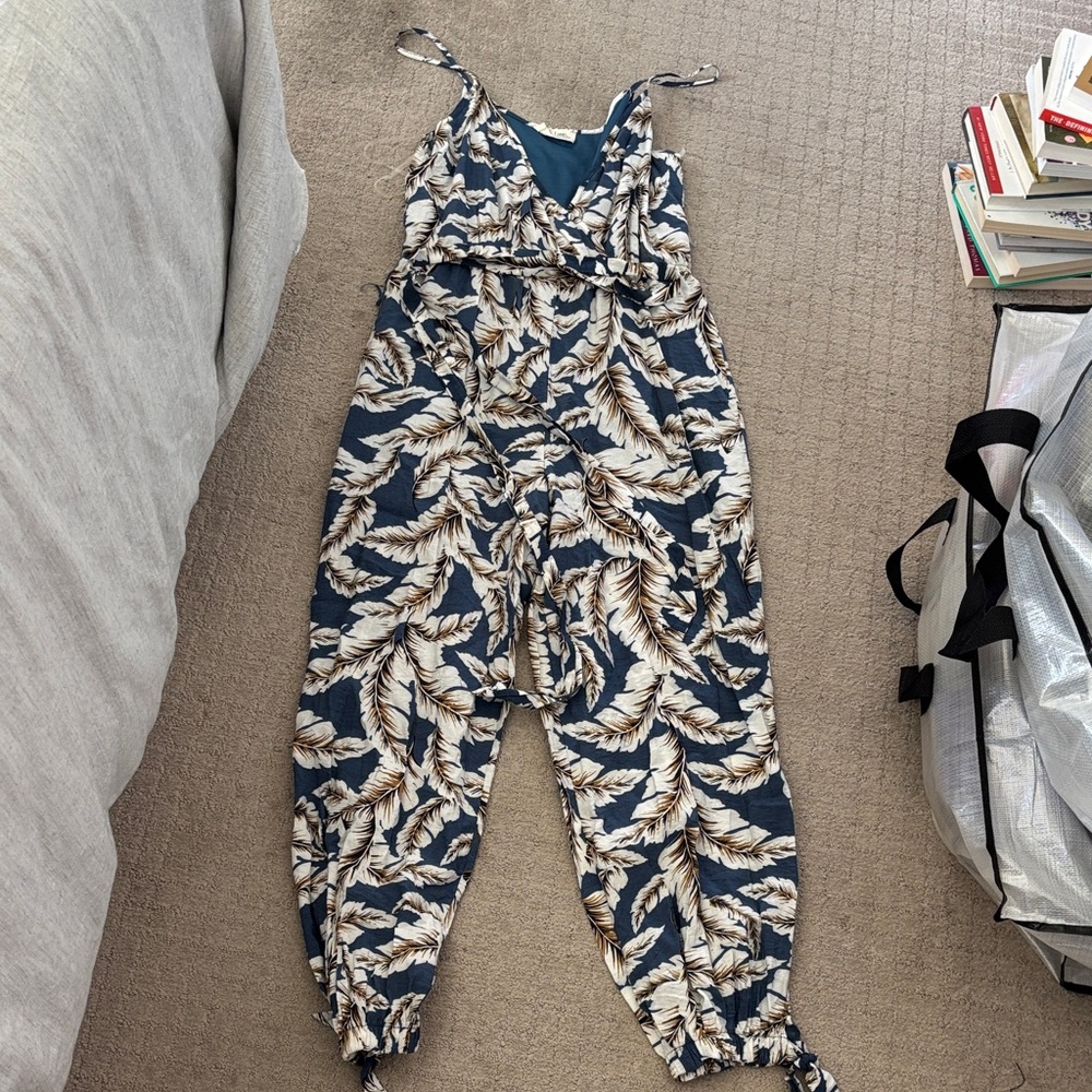 Peach Love California Feather Pattern Jumpsuit - Navy and Beige